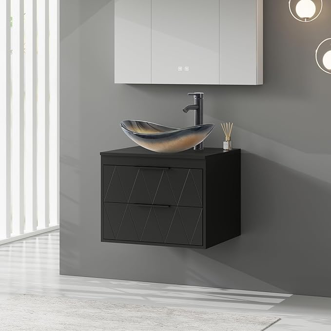 eclife 24" Floating Bathroom Vanities with Sink Combo, Wall Mounted Modern Cabinet W/Diamond Line Pattern Design, Champagne Boat Glass Vessel Sink W/Water Save Faucet & Pop Up Drain, Black