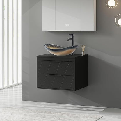eclife 24" Floating Bathroom Vanities with Sink Combo, Wall Mounted Modern Cabinet W/Diamond Line Pattern Design, Champagne Boat Glass Vessel Sink W/Water Save Faucet & Pop Up Drain, Black