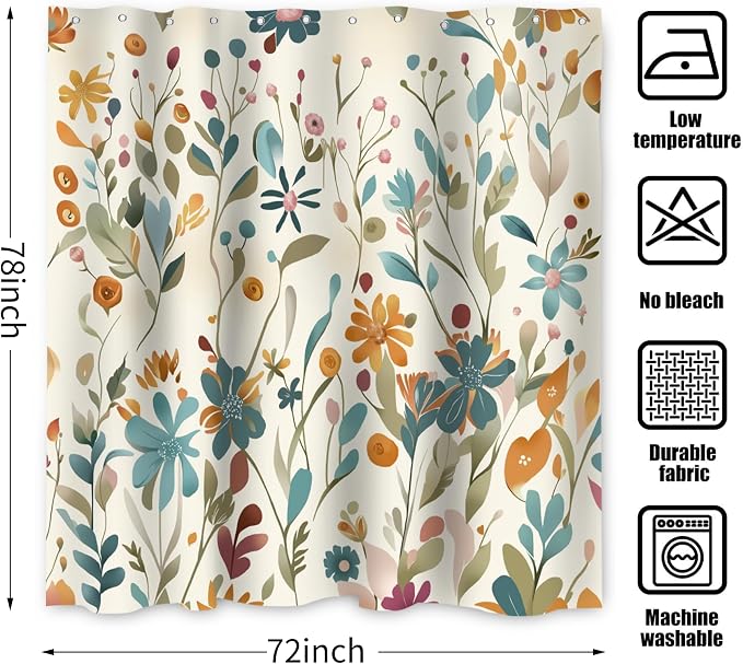 Colorful Floral Extra Long Shower Curtain, Wildflower Plant Leaves Cute Flower Spring Herbs Waterproof Fabric Machine Washable for Bathroom Bathtub with Hooks 72Wx78H