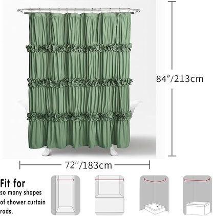 Homechoice Decor Light Green Ruffle Shower Curtain 72“ W x 84” H | Vintage Handcrafted Bow Tie Bath Curtain for Master Bathroom, Ruched Microfiber Bathroom Curtain with 12 Buttonholes (LQ-10)