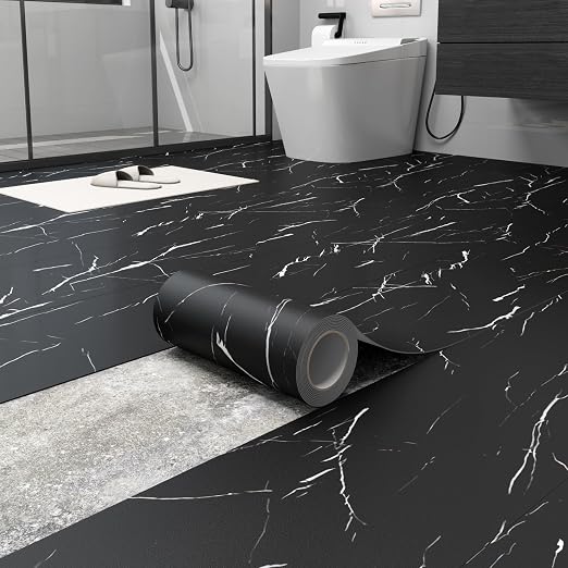 Peel and Stick Floor Tile 11.8” x 118” Vinyl Flooring Roll Cover 9.6 Sq.Ft. Waterproof Scratch-Resistant DIY Self-Adhesive PVC Flooring for Renter, Kitchen, Bathroom, RV, Black Marble