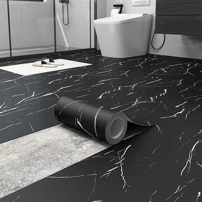 Peel and Stick Floor Tile 11.8” x 118” Vinyl Flooring Roll Cover 9.6 Sq.Ft. Waterproof Scratch-Resistant DIY Self-Adhesive PVC Flooring for Renter, Kitchen, Bathroom, RV, Black Marble