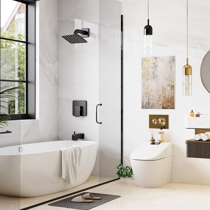 Esnbia Shower Faucet Set, Shower Head and Handle Set with 6-Inch Rain Shower Head and Tub Spout, All Metal Single-Handle Bathtub Shower Faucet Trim Kit (Shower Valve Include), Matte Black | Complete tub and shower trim kit with 6-inch rainfall head, si...