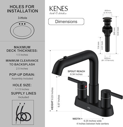 KENES Matte Black Centerset Bathroom Faucet with Pull Down Sprayer, 4 Inch 2 Handle Pull Out Bathroom Faucet 3 Hole, Bathroom Sink Faucet with Pop Up Drain & Supply Lines LJ-9059A-2