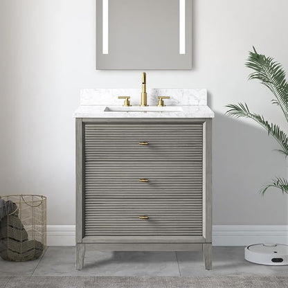 Vanity Art 30" Bathroom Vanity with Single Sink & Arabescato White Engineered Stone Top, Vanity Cabinet with Soft Closing Door, Solid Wood Frame, Golden Brushed Handles, Driftwood Gray VA8130-DG-GB
