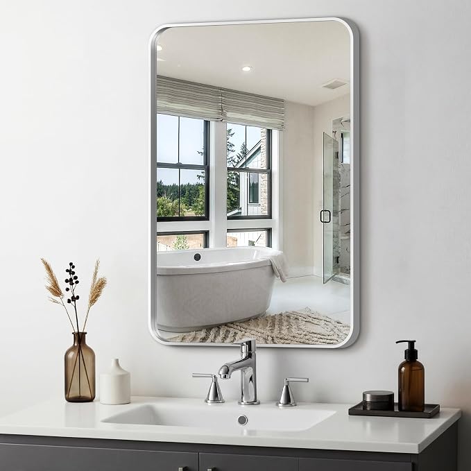 Bathroom Vanity Mirror, Silver Framed Mirror for Over Sink, 30x24 | HD glass, distortion-free for makeup and grooming, Sturdy frame, all mounting hardware, hangs horizontal or vertical