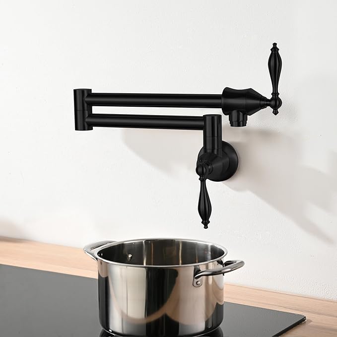 Pot Filler Faucets with Brass Wall Mount Double Joint Swing Arms for Kitchen, Sink, Stove and Bar - Leak Free Designs with High-Flow Aerators - Retractable & Folding for Space Saving - Matte Black