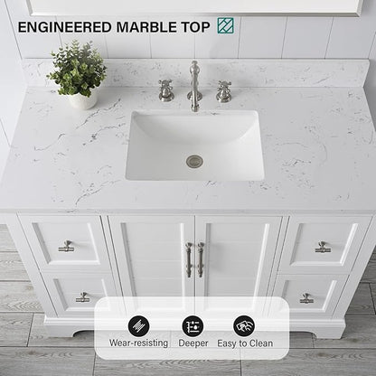 HOMEBEYOND 48 Inch Bathroom Vanity with Single Sink & Ceramic Top, Vanity Cabinet with Center Countertop Basin, Soft-Closing Doors, Backsplash,White