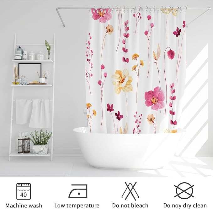 Pink Yellow Beige Watercolor Floral Fabric Shower Curtain, 72x72 | Waterproof Fabric, Modern Minimalist Floral Print, Machine Washable, Rustproof Grommets, for Bathroom Home