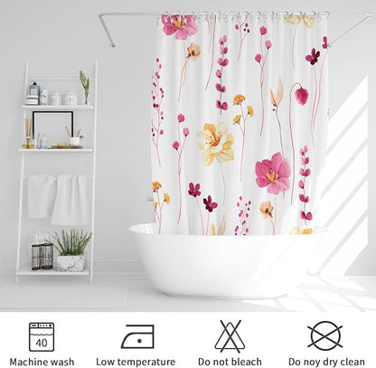 Pink Yellow Beige Watercolor Floral Fabric Shower Curtain, 72x72 | Waterproof Fabric, Modern Minimalist Floral Print, Machine Washable, Rustproof Grommets, for Bathroom Home