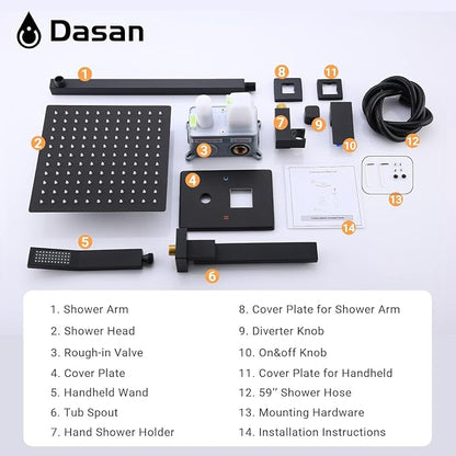 DASAN Tub Shower Faucets Sets Complete Matte Black Bathtub Shower System with Tub Spout, Bathtub Faucet Set Tub and Shower Faucet Combo Trim Kit with Rough-in Valve