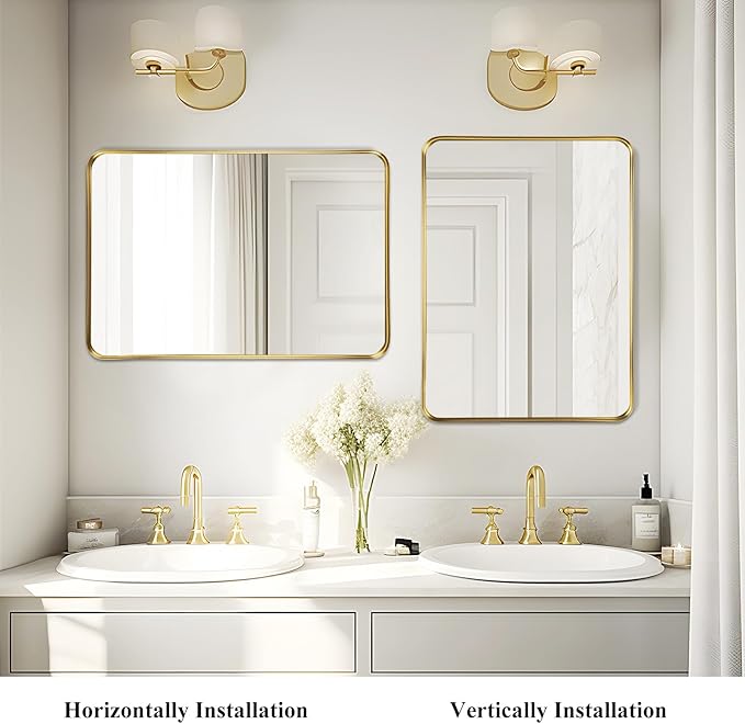 Fabuday Bathroom Mirror 28x36 Inch - Gold Bathroom Mirrors Over Sink, Brushed Metal Frame Wall Mirror for Entryway Modern Farmhouse Decor, Horizontal or Vertical Hanging