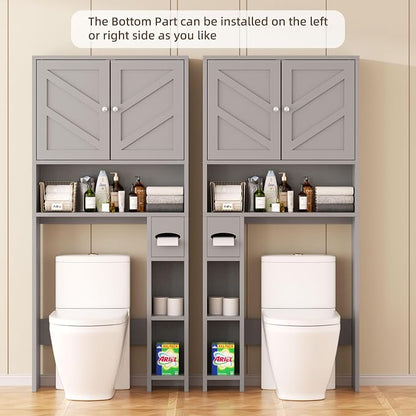 Shintenchi Over the Toilet Storage Cabinet, Bathroom Storage Cabient with Barn Doors, Bathroom Storage Shelf Organizer with Toilet Paper Holder, Adjustable Shelf and Anti-Tip Device, Gray