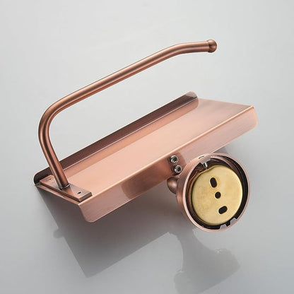 Red Copper Bath Toilet Paper Holder with Phone Shelf, Wall Mounted Bathroom Hardware Accessories, Pattern Carving Design, PBR-4386W