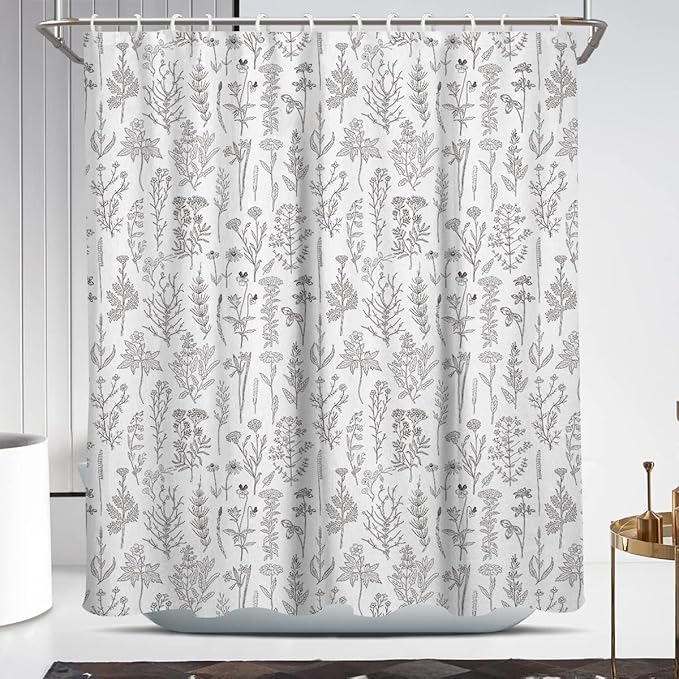 Coxila Vintage Floral Shower Curtain Black and White Flower Retro Rustic Country Farmhouse Grey Gray Cute Antique Spring Plant Botanical Cottagecore Bathroom 60x72 Inch Polyester Fabric 12 Pack Hooks