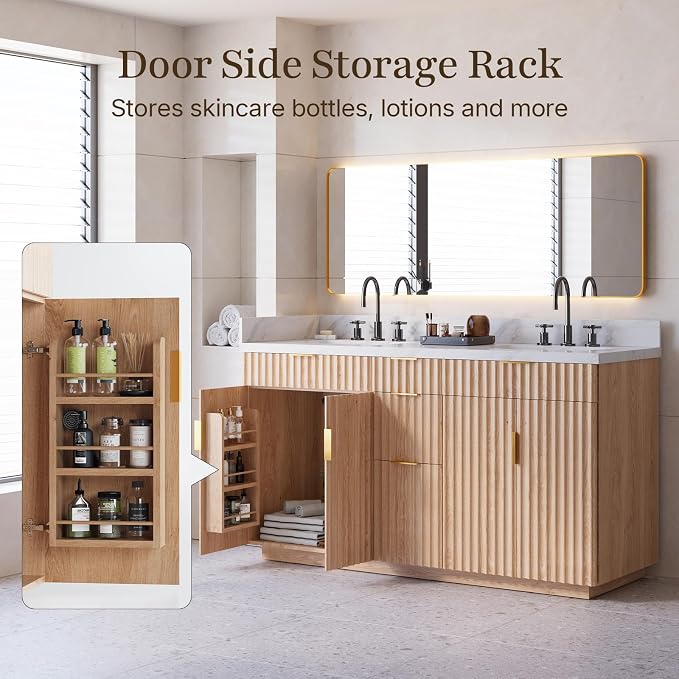60 inch Double Sink Bathroom Vanity with Countertop,2 Rectangular Porcelain Sink, Solid Wood, 1.5 inch Carrara White Quartz, 4 Soft Closing Doors,3 Dovetail Drawers,2 Tilt Drawer