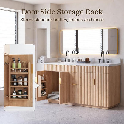 60 inch Double Sink Bathroom Vanity with Countertop,2 Rectangular Porcelain Sink, Solid Wood, 1.5 inch Carrara White Quartz, 4 Soft Closing Doors,3 Dovetail Drawers,2 Tilt Drawer