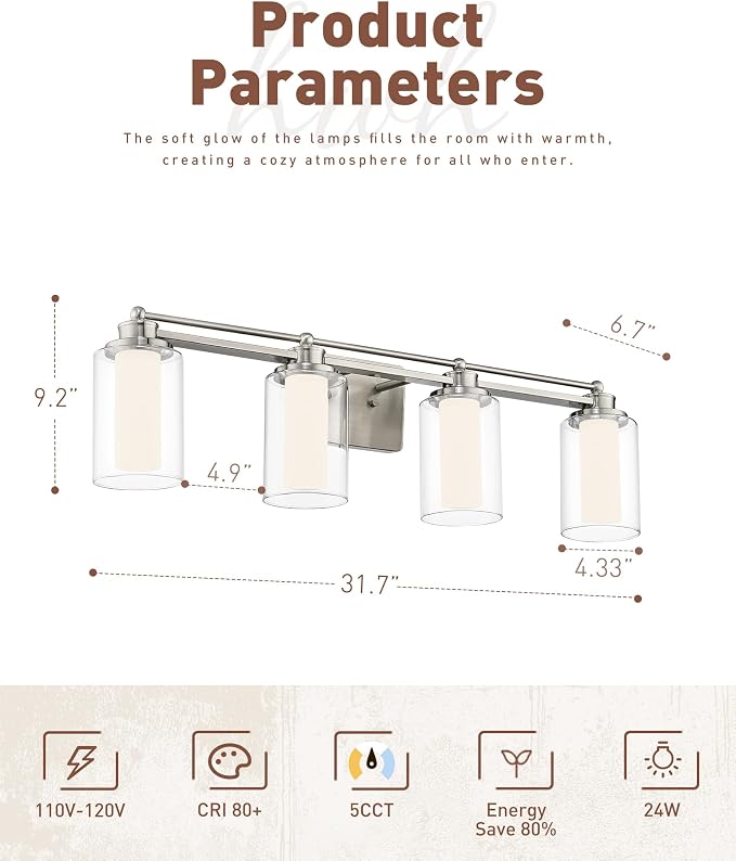 HWH Bathroom Vanity Light, Brushed Nickel, 4-Light, 5CCT, 5HLT63B-4W-LED BN | 4 Light Modern Bathroom Vanity Lights Over Mirror, Brushed Nickel Dimmable 24W LED, Dimmable Integrated LED Lighting