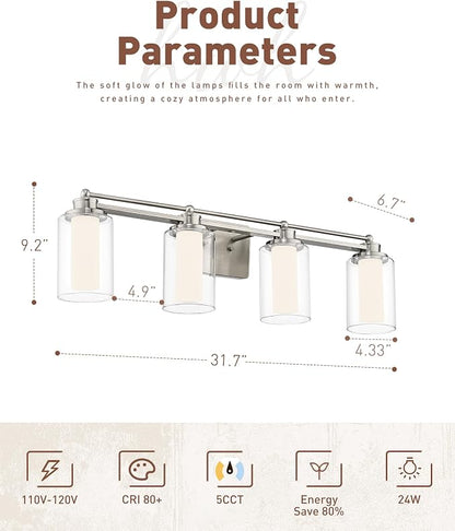 HWH Bathroom Vanity Light, Brushed Nickel, 4-Light, 5CCT, 5HLT63B-4W-LED BN | 4 Light Modern Bathroom Vanity Lights Over Mirror, Brushed Nickel Dimmable 24W LED, Dimmable Integrated LED Lighting