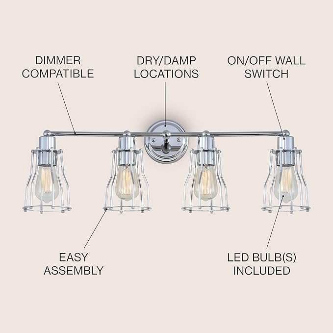JONATHAN Y 29.5" Chrome Modern Industrial Metal Vanity Light, Bathroom Sconce for Mirror, Reversible 4-Light Wall Lamp with Metal Cage Shade for Hallway, LED Bulb Included (JYL7418A)