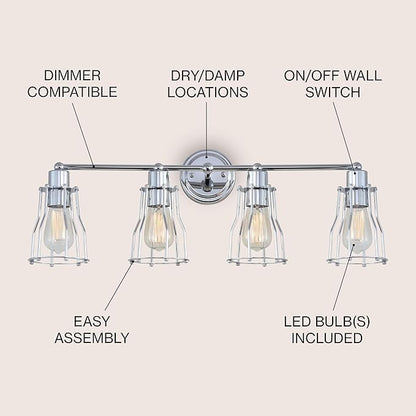 JONATHAN Y 29.5" Chrome Modern Industrial Metal Vanity Light, Bathroom Sconce for Mirror, Reversible 4-Light Wall Lamp with Metal Cage Shade for Hallway, LED Bulb Included (JYL7418A)