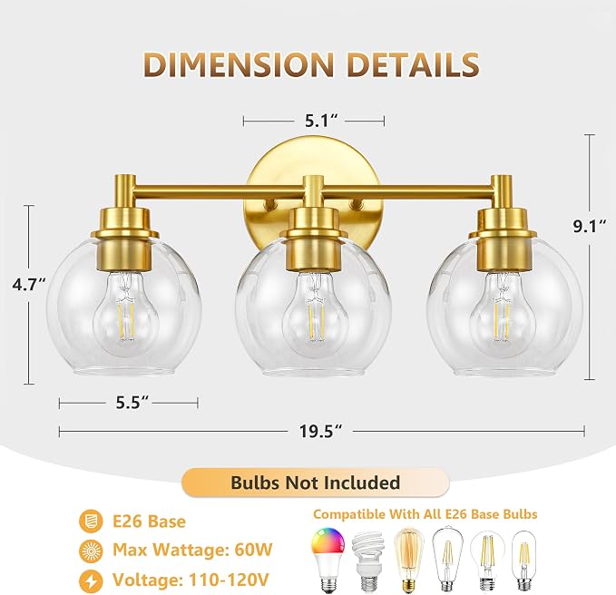 Bathroom Light Fixtures, Vanity Lights for Bathroom 3-Light Gold, Bathroom Lighting Fixtures Over Mirror with Clear Glass Globe Shade, Bathroom Vanity Light for Living Room Kitchen Bedroom Hallway