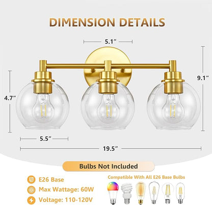Bathroom Light Fixtures, Vanity Lights for Bathroom 3-Light Gold, Bathroom Lighting Fixtures Over Mirror with Clear Glass Globe Shade, Bathroom Vanity Light for Living Room Kitchen Bedroom Hallway