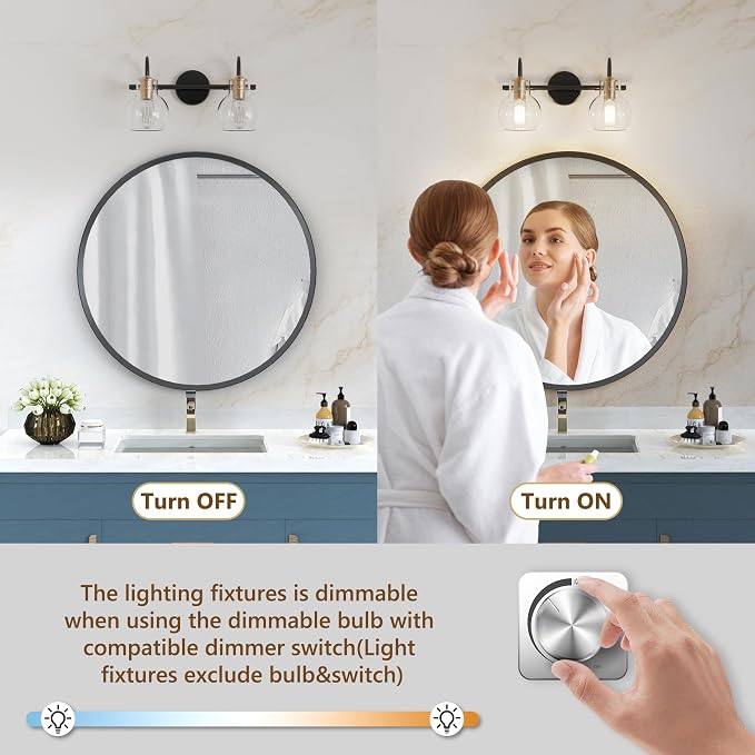 2 Light Bathroom Vanity Light, Black and Red Copper Bathroom Light Fixtures Over Mirror, Modern Copper Vanity Fixtures with Clear Glass Shade, Black Wall Sconce for Living Room