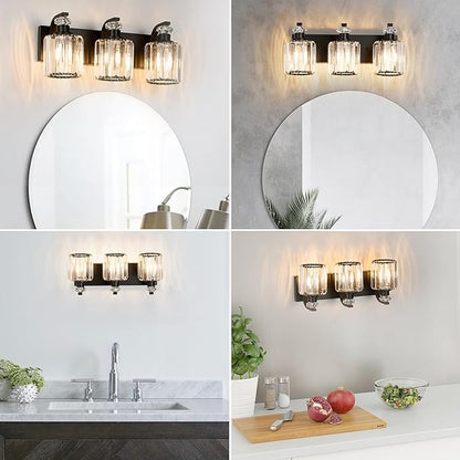 Black Bathroom Light Fixtures with K9 Crystal Lampshade Bathroom Lighting Over Mirror Vanity Lights for Living Room,Bedroom,Restroom,Hallway 3 Lights