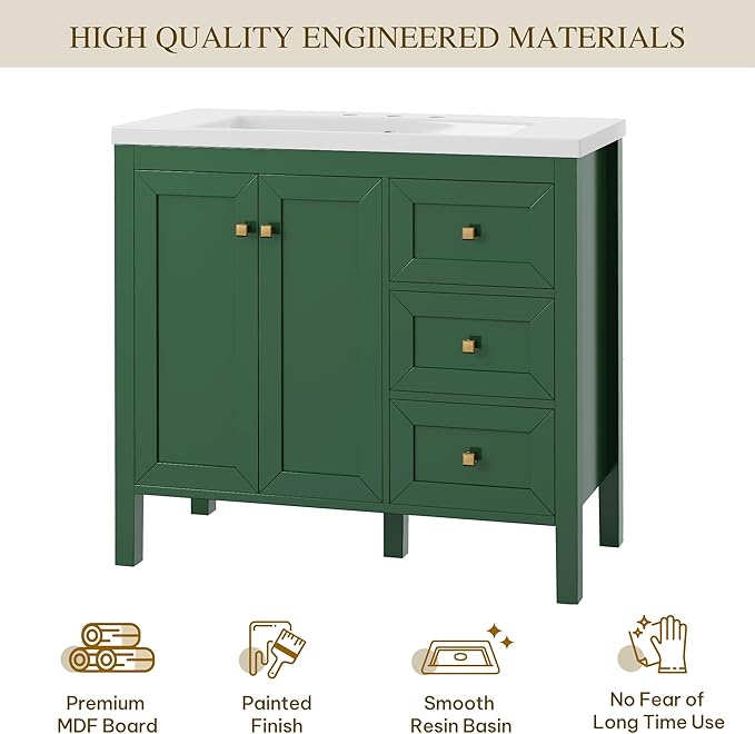 DWVO 36 Inch Bathroom Vanity with Sink Combo, Modern Bathroom Storage Cabinet with Resin Basin, Three Holes, 2 Doors & 3 Drawers, Green