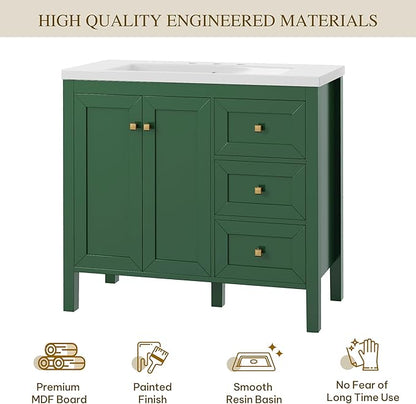 DWVO 36 Inch Bathroom Vanity with Sink Combo, Modern Bathroom Storage Cabinet with Resin Basin, Three Holes, 2 Doors & 3 Drawers, Green