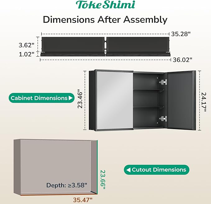 TokeShimi 36 x 24 Black Recessed Medicine Cabinets, Assembly Required, Bathroom Mirror Medicine Cabinet, Lightweight Aluminum Frame， Stepless Adjustable Shelves, Tempered Glass