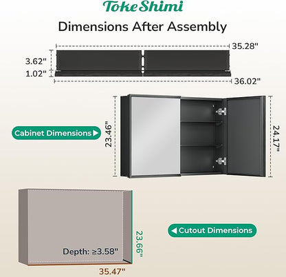 TokeShimi 36 x 24 Black Recessed Medicine Cabinets, Assembly Required, Bathroom Mirror Medicine Cabinet, Lightweight Aluminum Frame， Stepless Adjustable Shelves, Tempered Glass