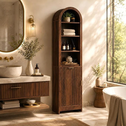 VINGLI Tall Bathroom Storage Cabinet, 66.9" Freestanding Narrow Linen Cabinet with Arched Open Shelves, Drawer & Door, Slim Skinny Wood Cabinet for Bathroom, Living Room, Entryway, Dark Walnut