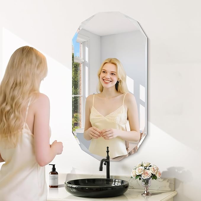 GLASHOM Frameless Bathroom Mirror, 20" x 40" Beveled Oval Wall Mirror for Over Sink, 16 Inch Modern Decorative Vanity Mirror for Bedroom, Living Room, Entryway, Hanging Mirror Horizontal or Vertical