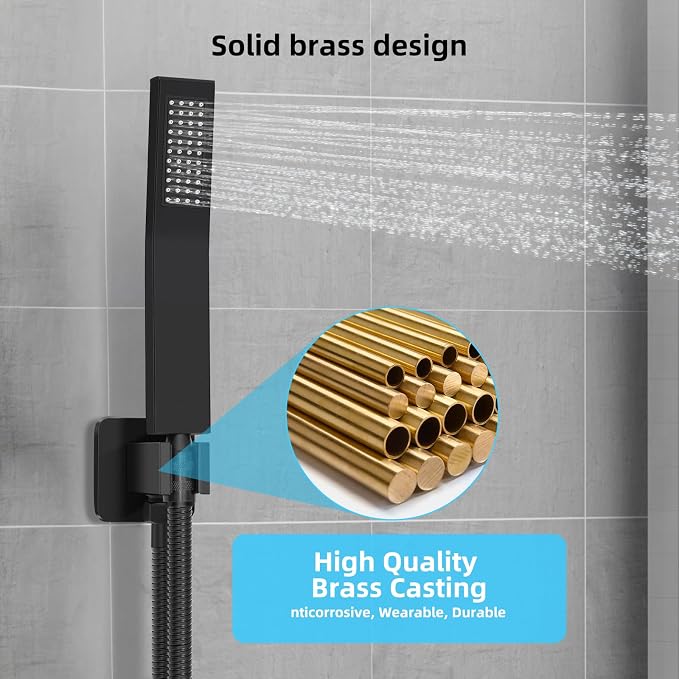 Bathroom Shower Faucet Set，12 Inch Rain Shower Head with Handheld Spray，Brass Shower Valve Trim Kit，Wall Mounted Square Rain Shower System (Matte black)