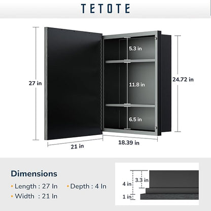 TETOTE White Medicine Cabinet Mirror 21" x 27" Aluminum Framed Surface or Recessed Wall-Mounted Bathroom Medicine Cabinets Beveled Mirror with Storage for Modern Farmhouse Bathroom
