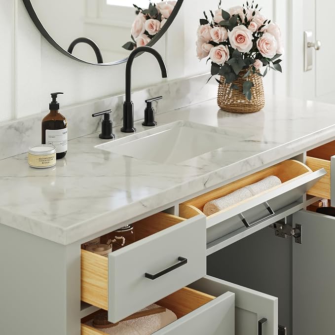 ARIEL Hepburn 60-inch Bathroom Vanity with Sink,Solid Wood, 1.5-inch Italian Carrara Marble Countertop, Single Rectangular Porcelain Sink, 2 Soft Closing Doors, 9 Dovetail Drawers, Grey