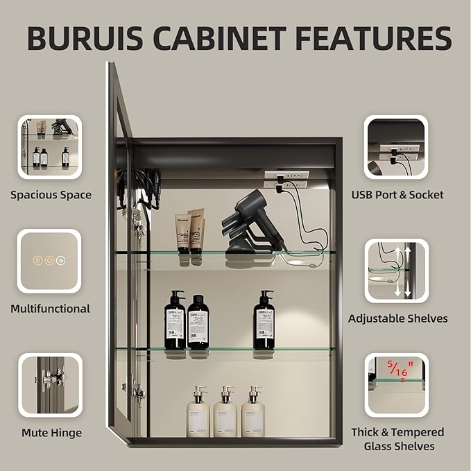 Buruis 16 x 24 Inch Medicine Cabinet with LED Lights and Mirror, Recessed/Wall Mounted Bathroom Cabinet, 3-Color Light, Defogger, Memory Function, Outlet & USB, Dimmer, Black