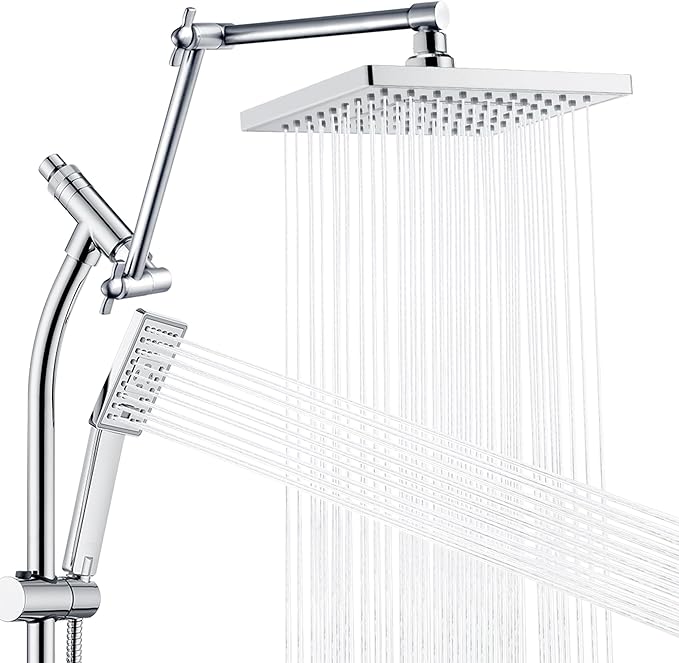 BRIGHT SHOWERS Rain Shower Heads System, Rainfall Shower Head with Handheld Spray Combo Includes Solid Brass Slide Bar, Height Adjustable Shower Holder, Shower Extension Arm and 60" Long Hose, Chrome