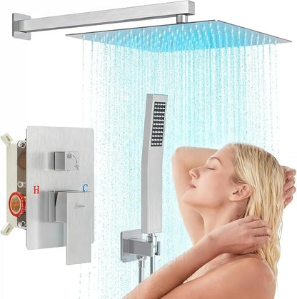 Hawkrown 12 Inch Luxury Rain Shower Faucet Set, Brushed Nickel Shower System with Rainfall Shower Head and Handheld Spray, SUS304 Stainless Steel and Solid Brass Wall Mounted Shower Valve Trim Kit