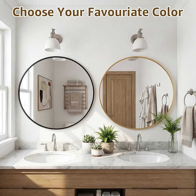 DUMOS 24 Inch Round Wall Mirror, Bathroom Mirrors for Over Sink | Matte Metal Framed Circle Mirror, Wall Decor for Bedroom, Entryway, Anti-Rust, Tempered Glass, Hanging or Leaning, Black