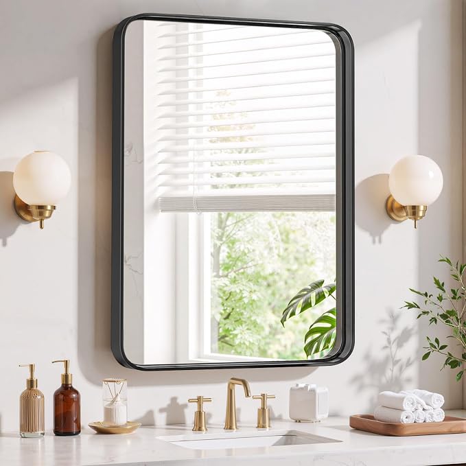 Bathroom Mirror 36x24 Inch Black Metal Frame Rectangle Vanity Mirror | Modern Wall Mounted Anti-Rust Mirror with Rounded Corners for Farmhouse, Restroom, Entryway, Horizontal or Vertical Hanging