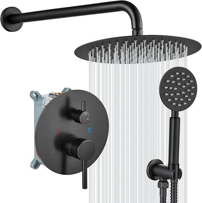 gotonovo High Pressure Shower System Valve and Trim Kit,Oil Rubbed Bronze | Round Rain 10 Inch Shower Head with Handheld Faucet Set Complete,Rough In Valve,2-in-1 Diverter,All Metal,Bathroom Wall Mount