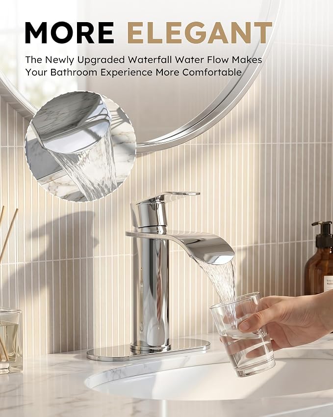 Waterfall Bathroom Faucet Chrome: WOWOW Modern Single Handle Bathroom Faucets for 1 or 3 Hole Bathroom Sink Faucet Mixer Tap Washbasin Faucet with Deck, Pop-up Drain and Supply Hoses