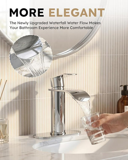Waterfall Bathroom Faucet Chrome: WOWOW Modern Single Handle Bathroom Faucets for 1 or 3 Hole Bathroom Sink Faucet Mixer Tap Washbasin Faucet with Deck, Pop-up Drain and Supply Hoses