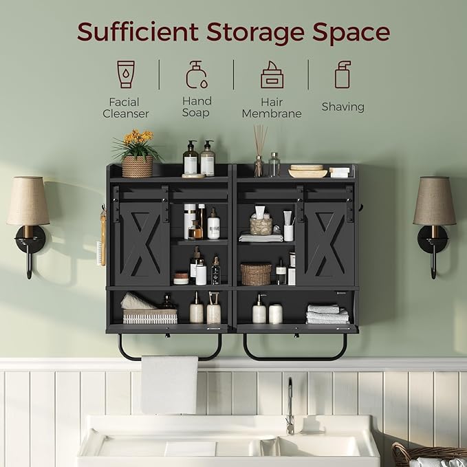 Bathroom Wall Cabinet, Farmhouse Medicine Cabinets with Sliding Door, Wall Mounted Storage Cabinet with Adjustable Shelf and Towel Bar, for Bathroom, Living Room, Kitchen, Black