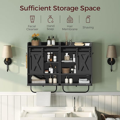 Bathroom Wall Cabinet, Farmhouse Medicine Cabinets with Sliding Door, Wall Mounted Storage Cabinet with Adjustable Shelf and Towel Bar, for Bathroom, Living Room, Kitchen, Black