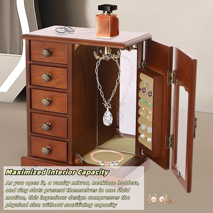 Vintage Wood Jewelry Box with 5 Drawers, Desktop Jewelry Organizer with Glass Door & Mirror, Necklace Ring Storage Display Case Built-in Necklace Carousel, Brown (Dark Brown, 5 Drawers)