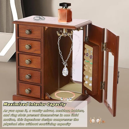 Vintage Wood Jewelry Box with 5 Drawers, Desktop Jewelry Organizer with Glass Door & Mirror, Necklace Ring Storage Display Case Built-in Necklace Carousel, Brown (Dark Brown, 5 Drawers)